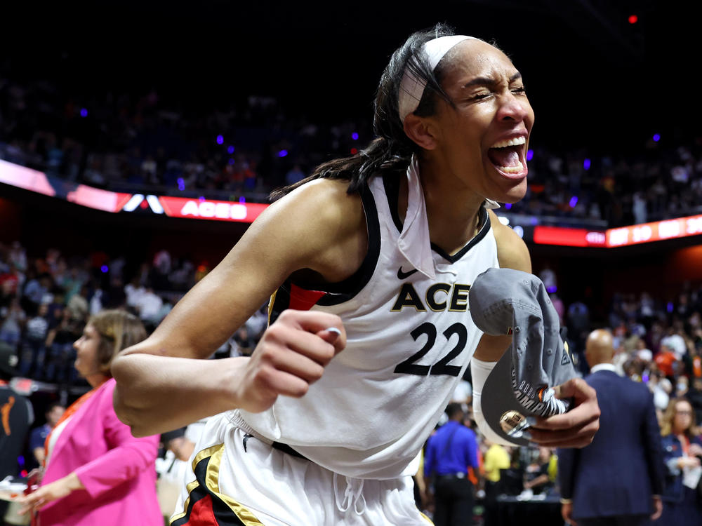 A'ja Wilson of the Las Vegas Aces celebrates after defeating the Connecticut Sun to win the 2022 WNBA Finals.