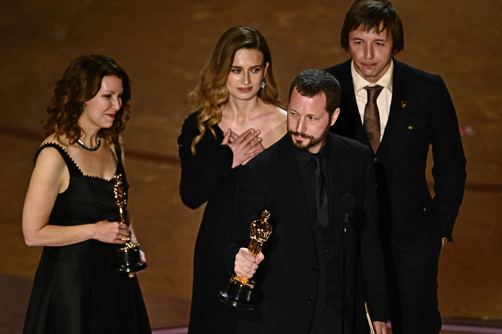 Filmmaker Mstyslav Chernov accepts the award for best documentary feature film for <em>20 Days in Mariupol</em> during the 96th Annual Academy Awards.