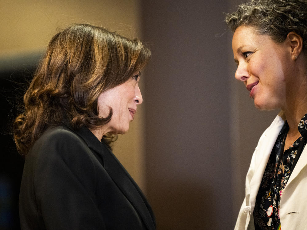 Vice President Harris speaks with Dr. Sarah Traxler, chief medical officer of Planned Parenthood North Central States, in Saint Paul, Minn.