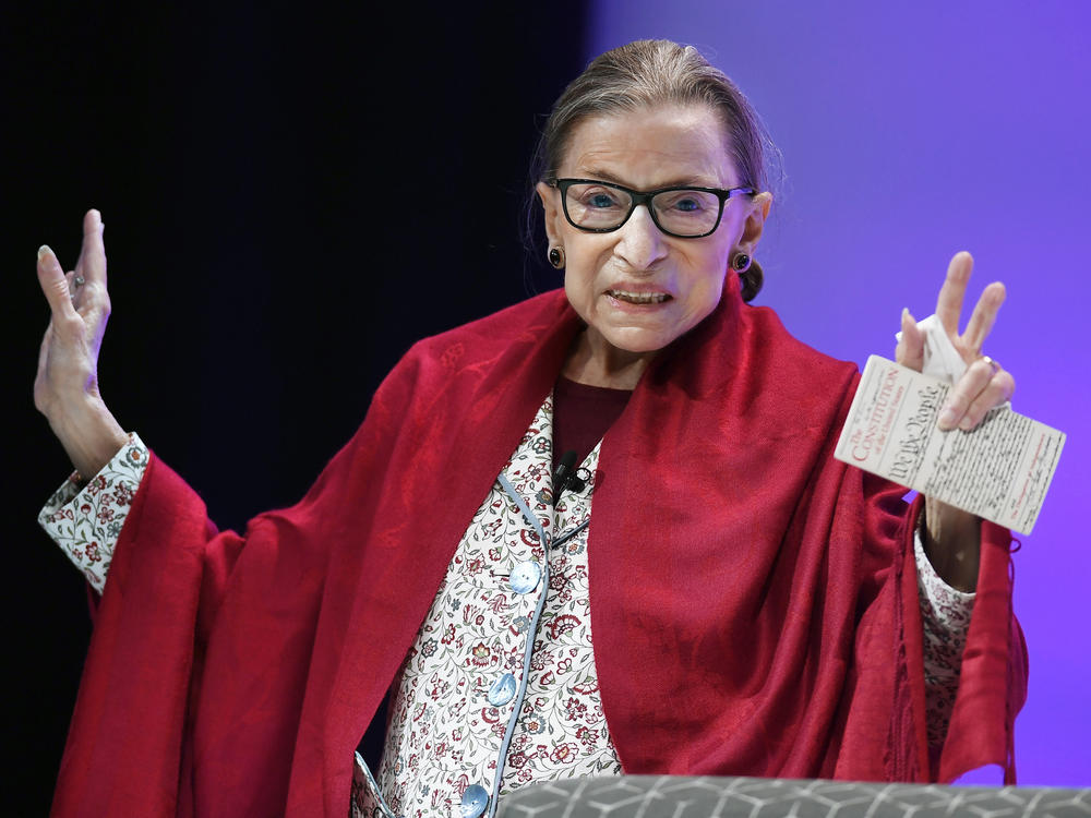 Supreme Court Justice Ruth Bader Ginsburg died in 2020, months after approving an award in her name to honor women who have made a positive difference.  Ginsburg is pictured speaking at Amherst College in Amherst, Mass, on Oct. 3, 2019.