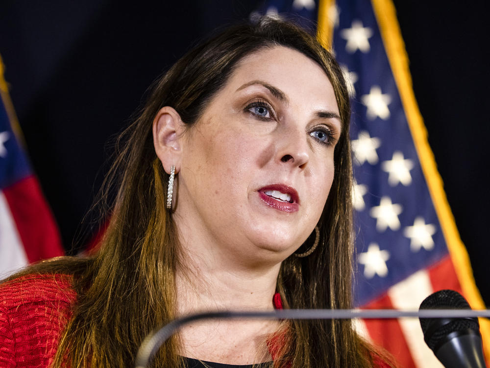 RNC Chairwoman Ronna McDaniel speaks during a press conference at the Republican National Committee headquarters in 2020 in Washington.