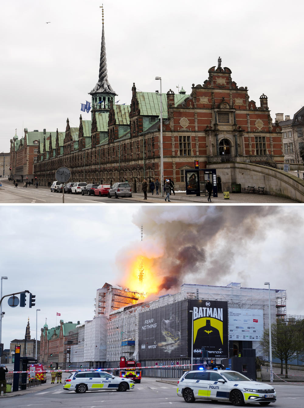 This photo combo shows the Old Stock Exchange in Copenhagen in 2019, top, and on fire on Tuesday below. The building is situated next to the Christiansborg Palace and is a popular tourist attraction.