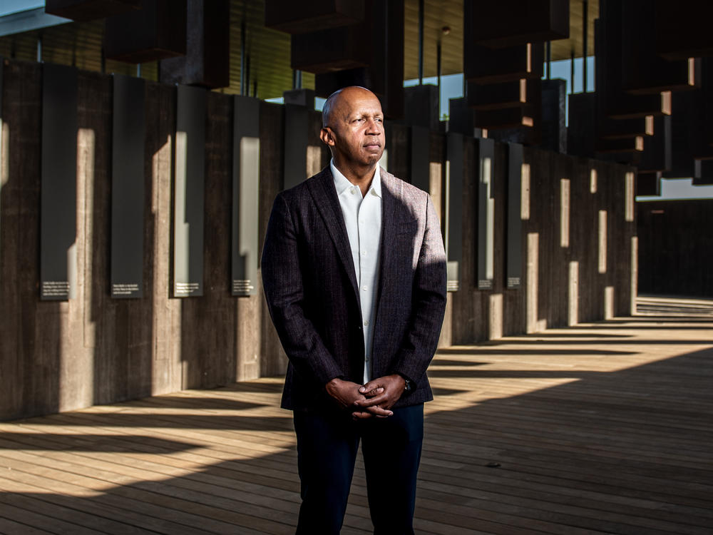 Bryan Stevenson, executive director of the Equal Justice Initiative, stands on the grounds of the National Memorial for Peace and Justice in Montgomery, Alabama.
