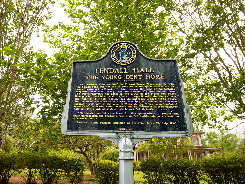 The historical marker that omits parts of the Young-Dent family's past is on the grounds of Fendall Hall in Eufaula. The back side of the marker says Edward Brown Young was a 
