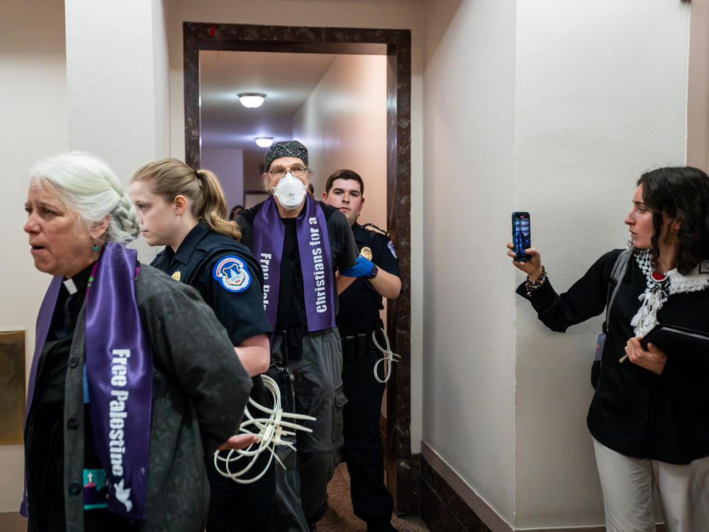 Capitol Police arrest demonstrators with Christians for a Free Palestine for protesting inside a U.S. Senate cafeteria for a ceasefire and aid for Gaza, Washington, D.C., on April 9.
