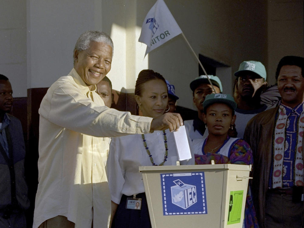 Then African National Congress leader, Nelson Mandela casts his vote April 27, 1994 near Durban, South Africa, in the country's first all-race elections.