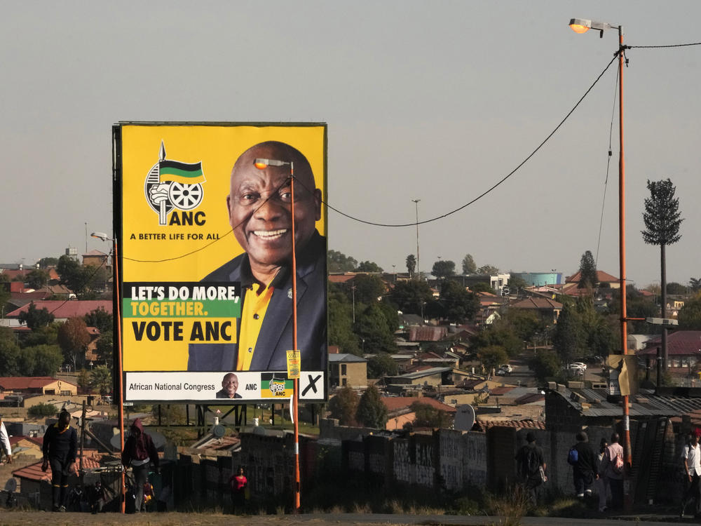An election poster, with President Cyril Ramaphosa atop a pole in Soweto, South Africa, Monday, April 22, 2024.