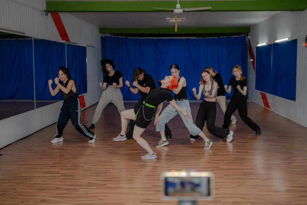 The Phantom Blue dance squad rehearses choreography for their next public taping and performance in a studio on the outskirts of Kyiv.