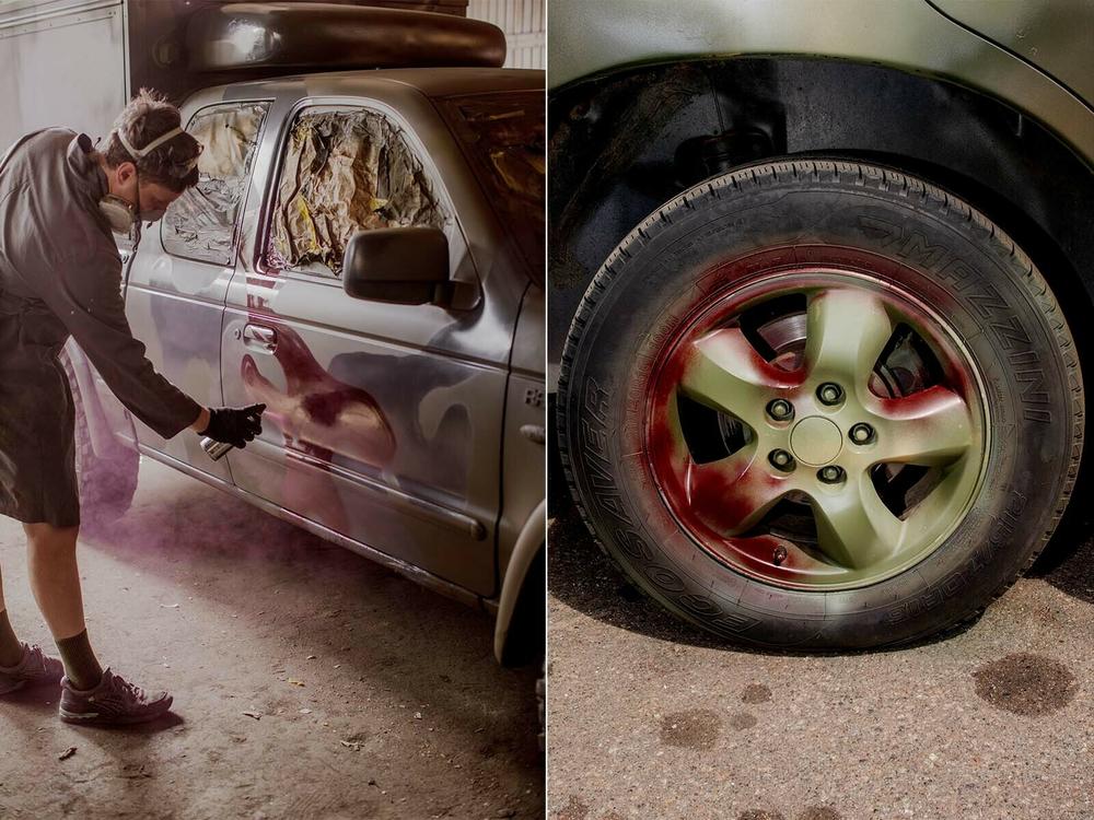 Left: A painter adds dark red spots to a truck to camouflage with the reddish dirt and mud often found in Ukraine’s east and south. Right: A detail of a wheel of a newly painted truck.
