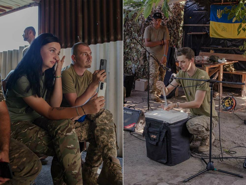 Left: The soldiers record with their phones and some wipe tears from their eyes while a band of soldiers plays a concert for soldiers near the front lines. Right: <strong> </strong>Right: Valery Dzekh, an artist from Kharkiv, tells a story through a performance with puppets for the soldiers.
