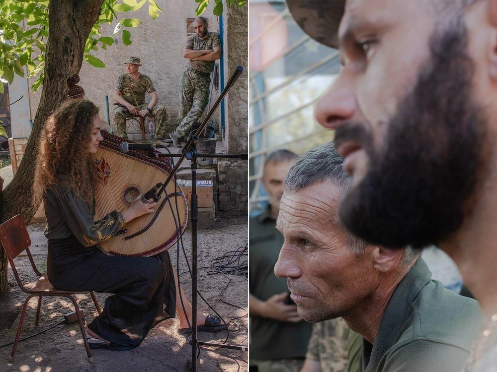 Left: Bandura player Maria Petrovska plays as part of a concert for soldiers near the front lines in the Donbas with the cultural forces. Right: Soldiers listen as Petrovska plays.