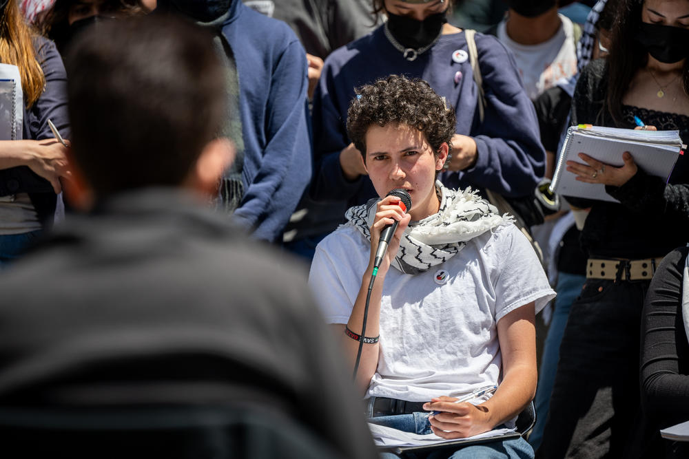 Sohrab F., alongside fellow pro-Palestinian student activists, meets with San Francisco State Uuniversity President Lynn Mahoney at San Francisco State University on May 6, 2024, to negotiate the demands of the students who have camped out on campus.