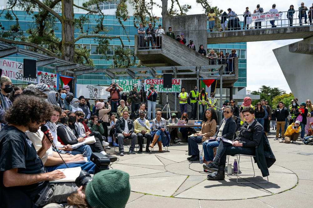 SFSU President Lynn Mahoney meets at San Francisco State University on May 6, 2024, to negotiate the demands of the pro-Palestinian student activists who have camped out on campus.