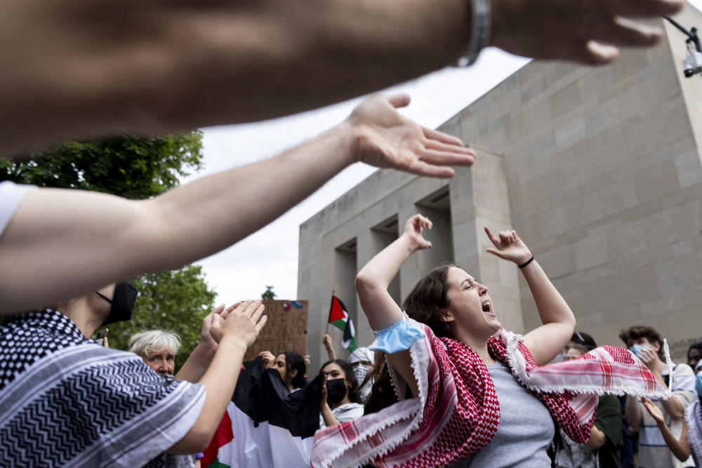 Pro-Palestinian protesters rally on George Washington University's campus in Washington, D.C. on May 9, 2024.
