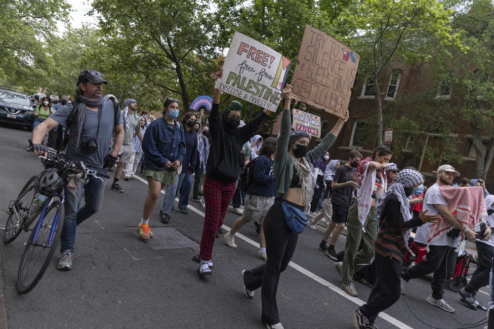 Pro-Palestinian protesters march on George Washington University's campus in Washington, D.C. on May 9, 2024.