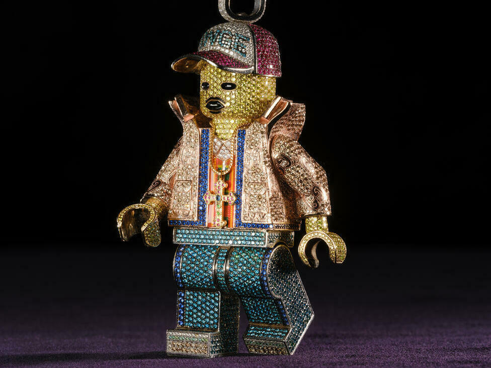 This playful Lego pendant, designed for A$AP Rocky by Alex Moss X Pavē in 2022, is made of 14-karat gold with multicolored diamonds, sapphire, ruby, and enamel.
