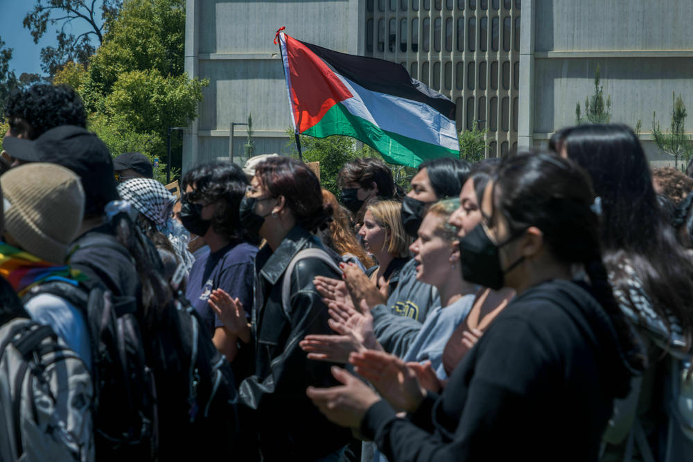 UC San Diego students rally during a walk-out demonstration in La Jolla, Calif., on May 8, 2024.