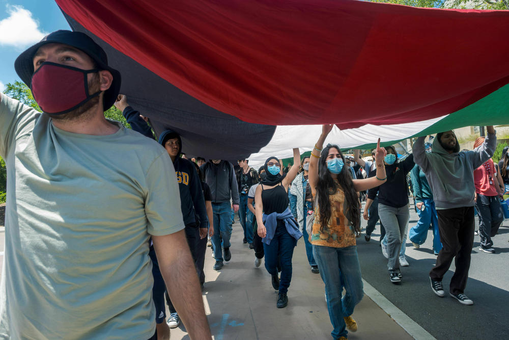 A group of protestors at UC San Diego carry a large Palestinian flag over their heads during a walk-out demonstration in La Jolla, Calif., on May 8, 2024.