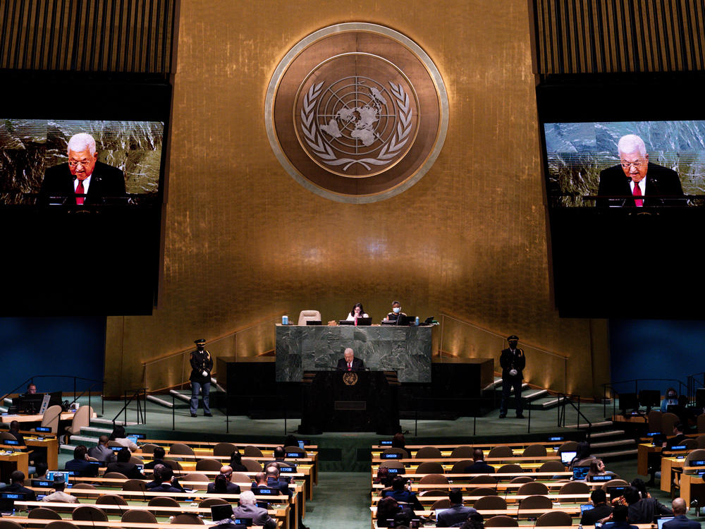 Palestinian President Mahmoud Abbas addresses the United Nations General Assembly on Sept. 23, 2022. The U.N. General Assembly has voted on a resolution to grant new 