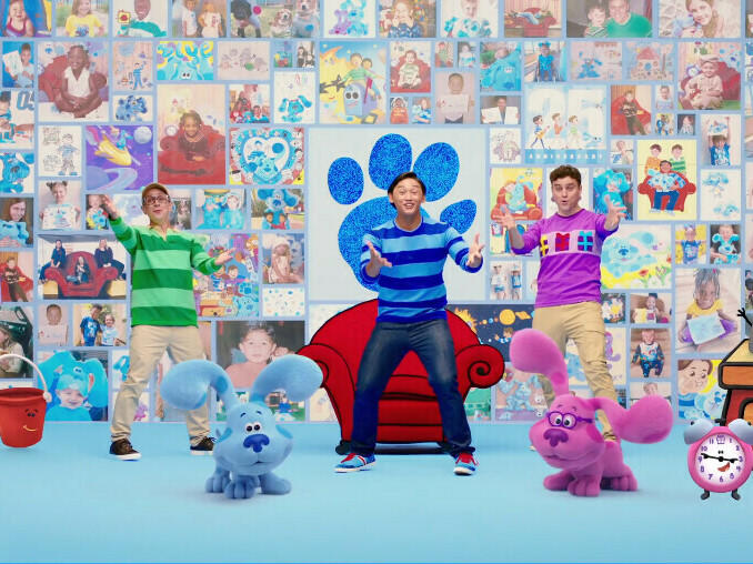The three hosts of Blue's Clues stand together in this image. From left to right, they are Steve Burns,  Josh Dela Cruz and Donovan Patton.