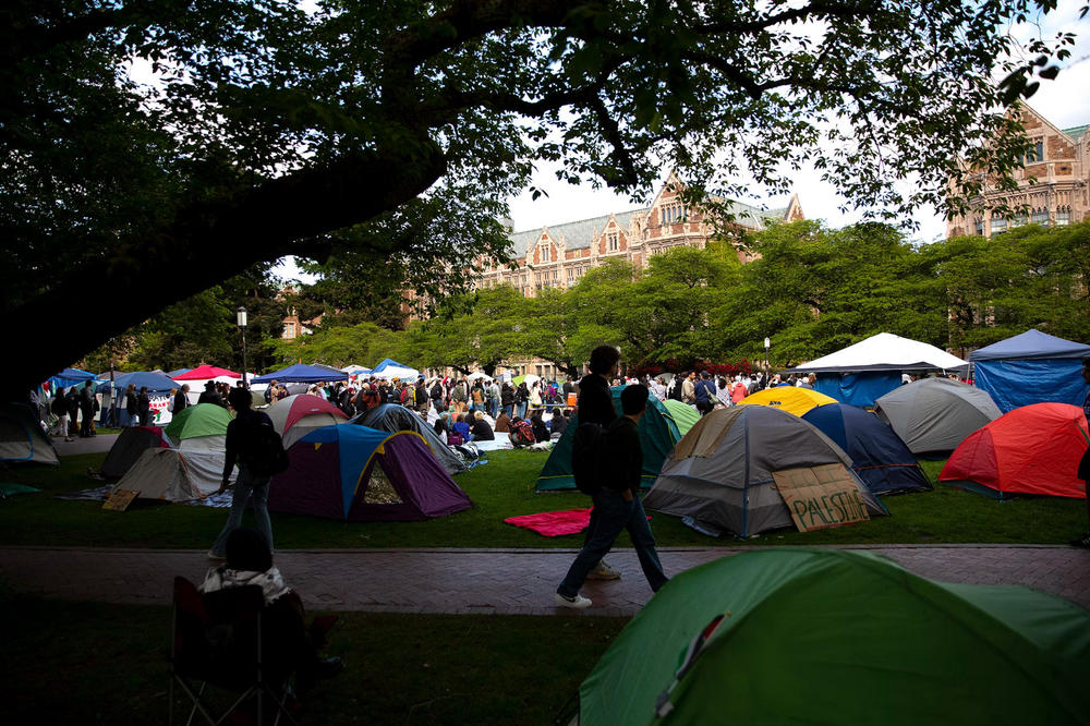 University of Washington students and protesters amassed at the encampment for Palestine, also known as the 'Popular University for Gaza liberated zone,' on the campus Quad on Tuesday, May 7, 2024.