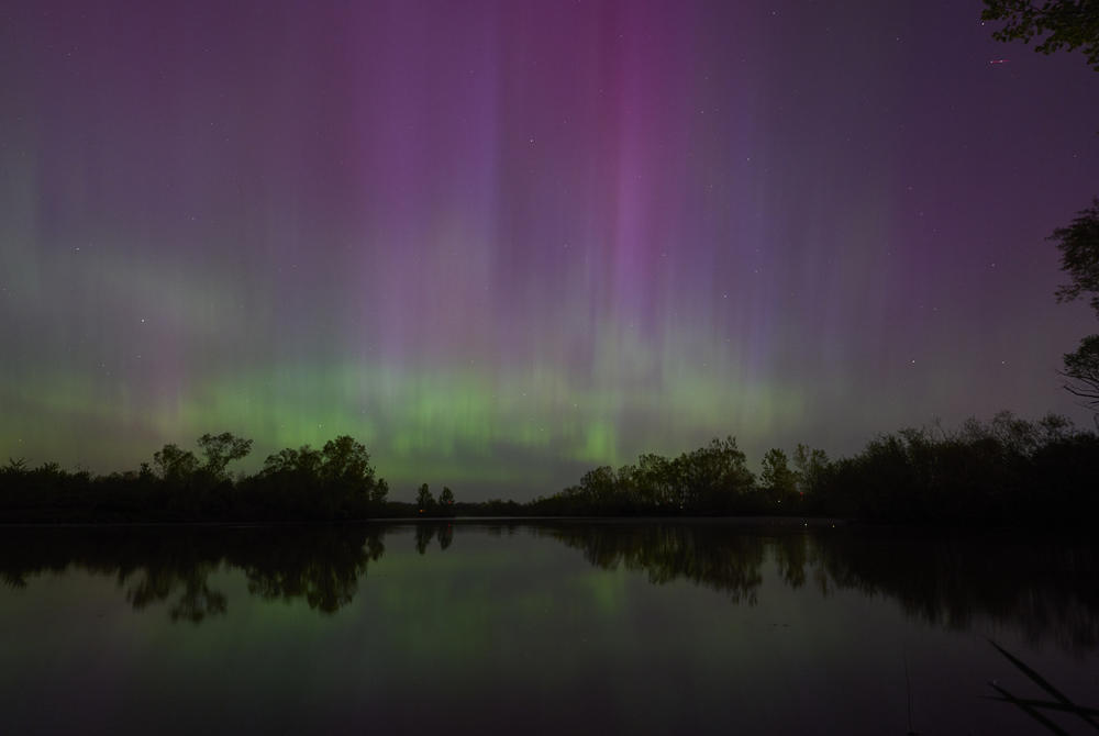 London, Ontario: Northern lights or aurora borealis illuminate the night sky near London, Ontario, during a geomagnetic storm on May 10, 2024.