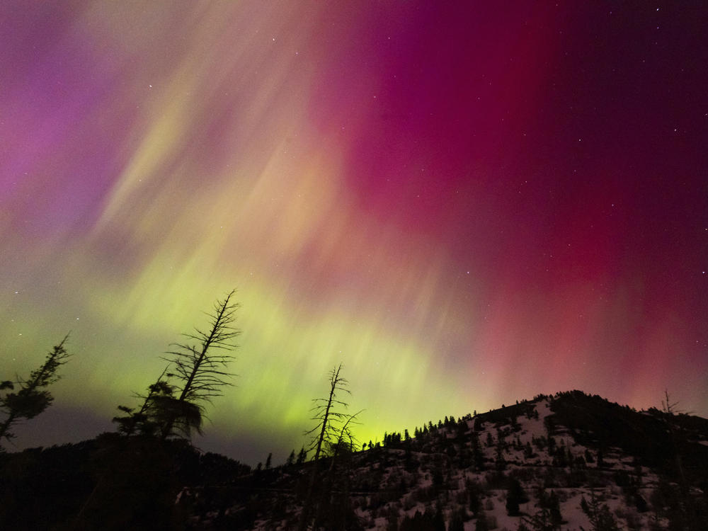 The Northern Lights fill the sky at the Bogus Basin ski resort in Boise, Idaho, on Saturday.