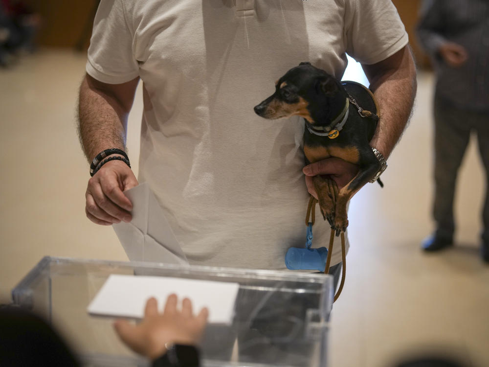 A voter holds his puppy as he casts his ballot for Catalonia's regional elections in La Roca del Vallès, north of Barcelona on Sunday.