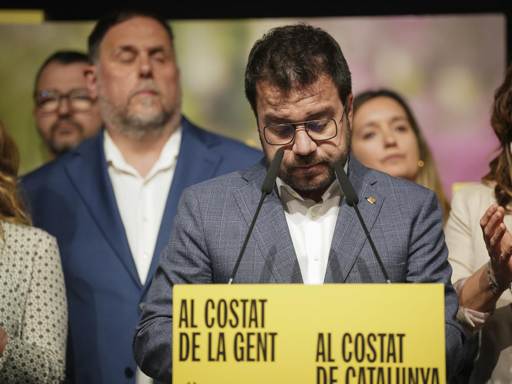 Catalonia's regional President and candidate for pro-independence ERC (Republican Left of Catalonia) makes a statement after the announcement of the final results of the elections to Catalonia's regional parliament in Barcelona on Sunday.
