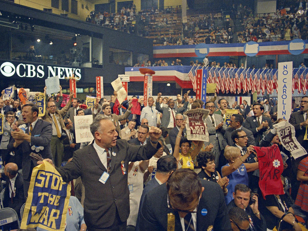 Delegates from New York demonstrate in favor of the anti-war plank at the Democratic National Convention in Chicago on Aug. 28, 1968.