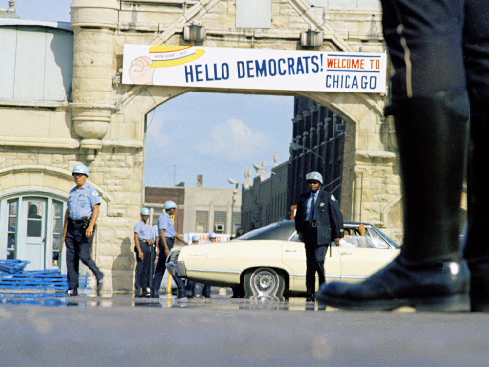 Chicago police guard the area around the convention hall prior to the opening of the Democratic National Convention on Aug. 26, 1968.