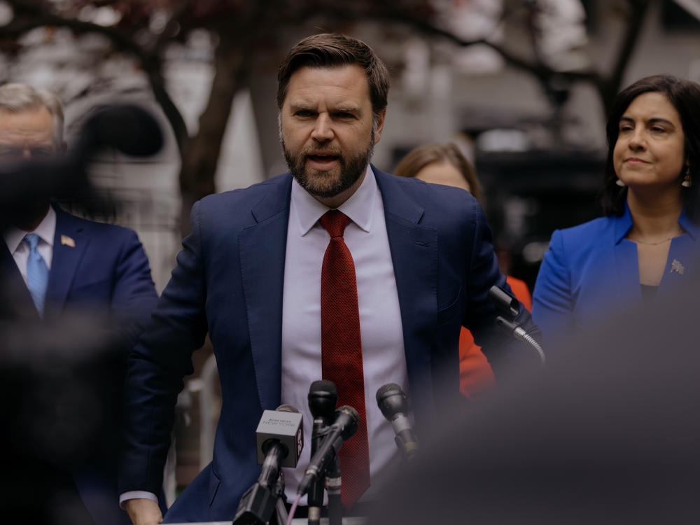 Ohio U.S. Sen. J.D. Vance speaks during a press conference in Collect Pond Park on Monday, the 16th day of the hush money trial of former President Donald Trump in the Manhattan borough of New York City.