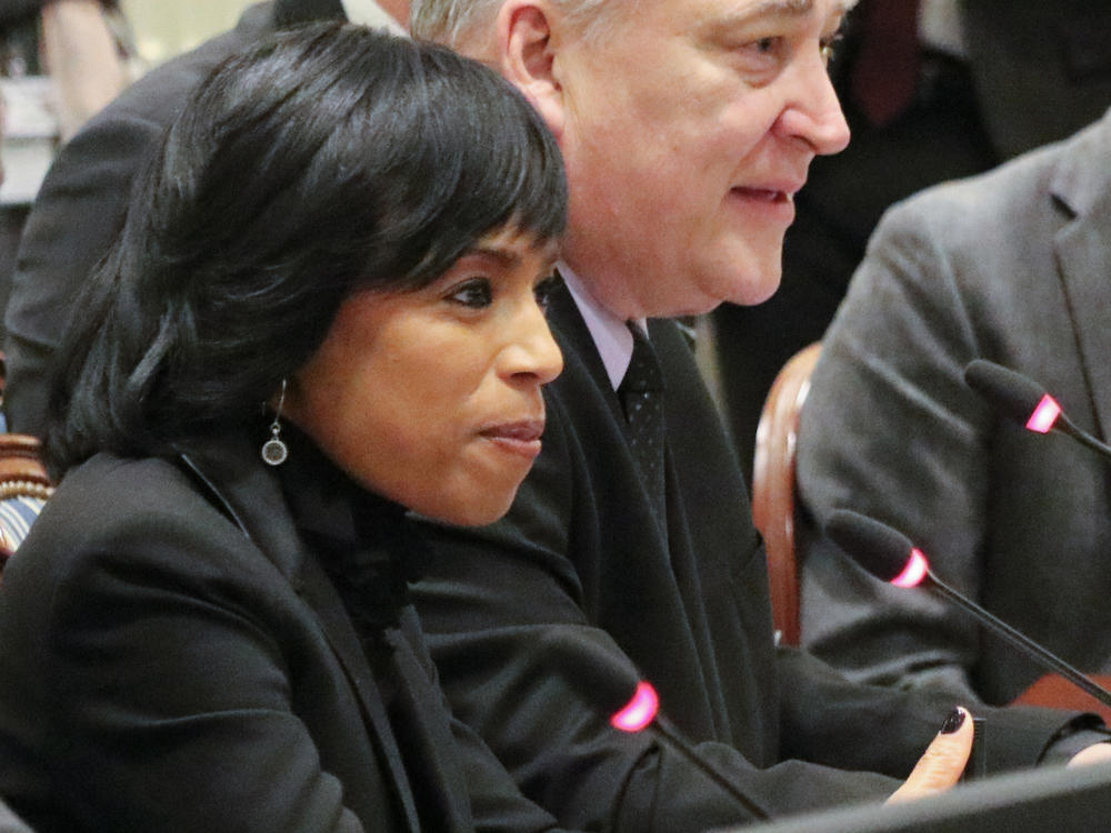 In this file photo, Prince George's County Executive Angela Alsobrooks, center, listens during a bill hearing in Maryland, Jan. 23, 2020, in Annapolis, Md. After winning Tuesday's Democratic primary, Alsobrooks will face former Gov. Larry Hogan, the Republican winner, in November.
