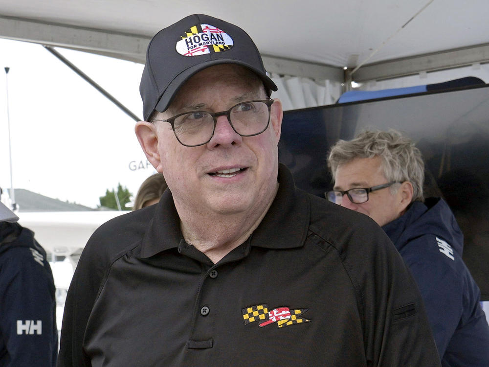 Former republican Maryland Gov. Larry Hogan visits the Bridge Boat Show in Stevensville, Md., April 12. Hogan easily won the Republican Senate primary in the state on Tuesday.