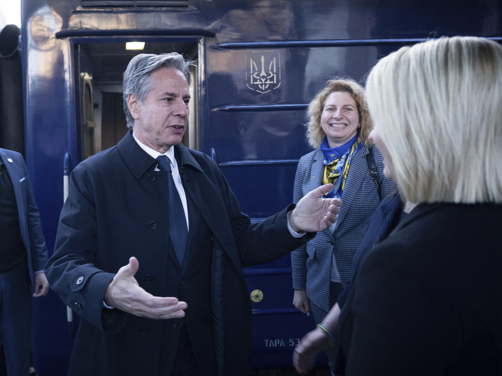 U.S. Secretary of State Antony Blinken is greeted by U.S. Ambassador to Ukraine Bridget A. Brink after arriving by train at Kyiv-Pasazhyrskyi station on Tuesday in Kyiv, Ukraine.