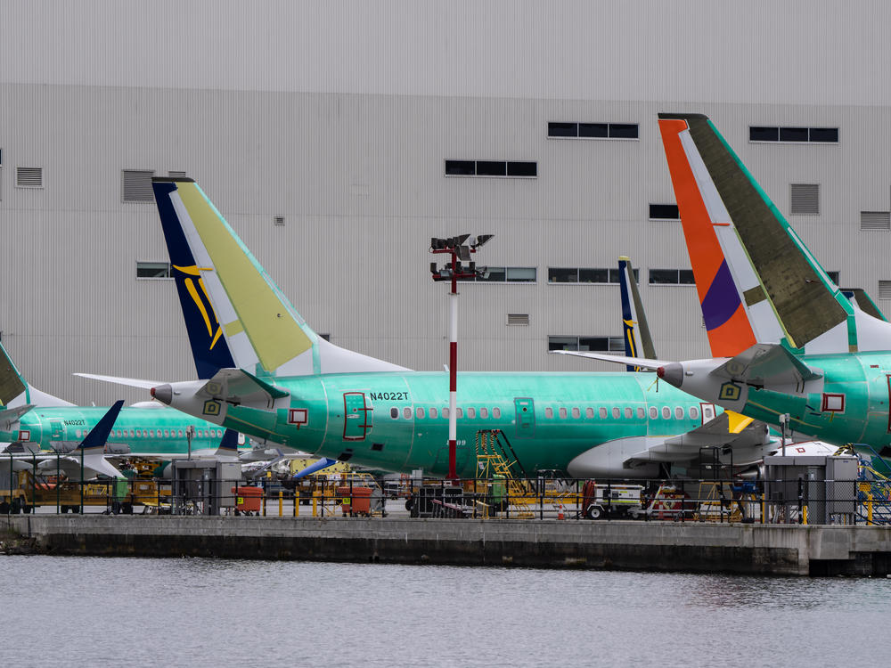 Boeing 737 Max jets are pictured outside a Boeing factory on March 25, 2024 in Renton, Wash.