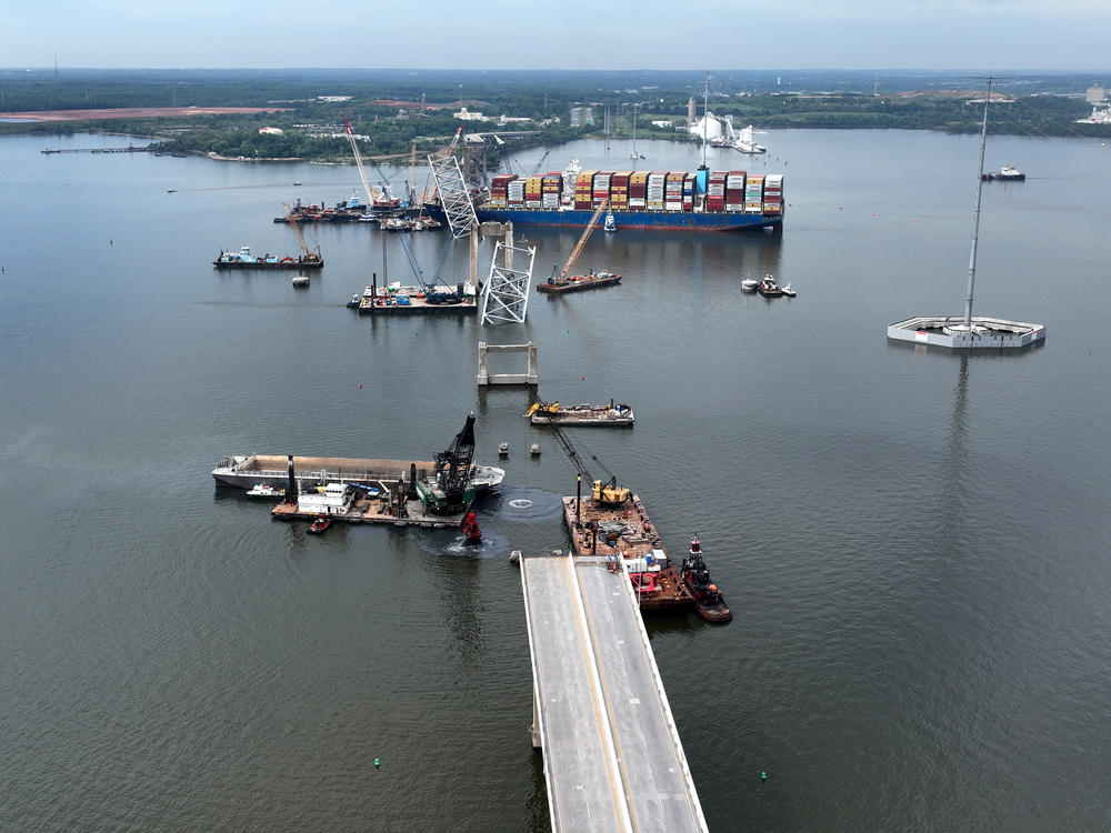 Salvage crews continue to remove wreckage from the Dali six weeks after the cargo ship collided with the Francis Scott Key Bridge in Baltimore.