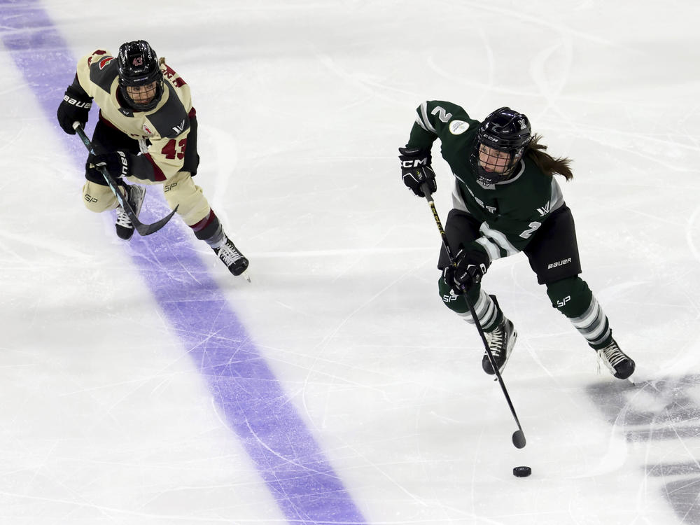 Boston defender Emily Brown (2) is defended by Montreal forward Kristin O'Neill (43) during the third period of a PWHL playoff hockey game Tuesday, May 14, 2024, in Lowell, Mass. (AP Photo/Mark Stockwell)