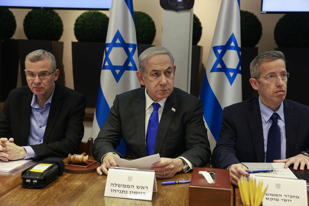 Israeli Prime Minister Benjamin Netanyahu chairs a cabinet meeting at the Kirya, which houses the Israeli Ministry of Defense, in Tel Aviv, Dec. 17, 2023.