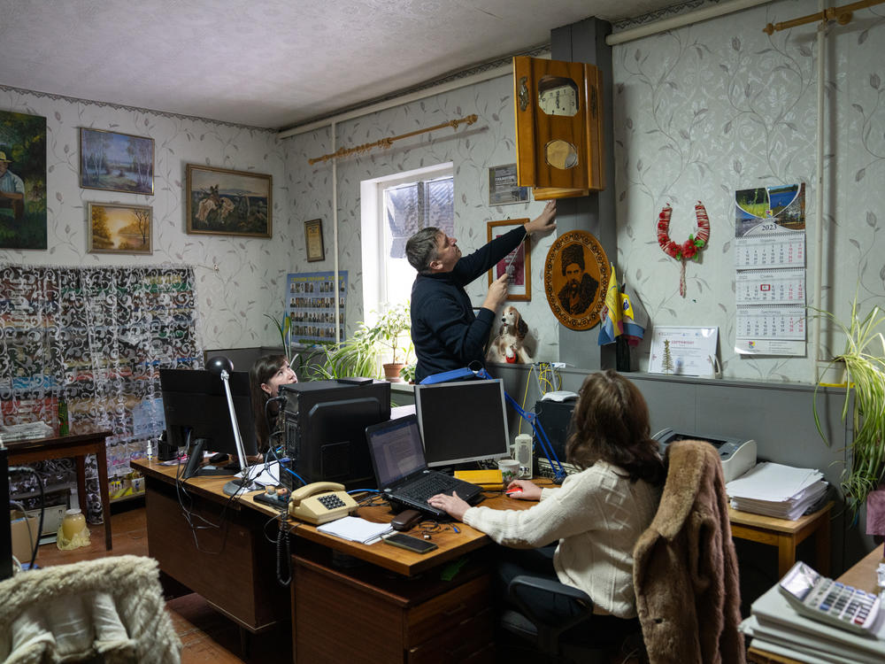 Editor Oleksandr Motsny works with three other staffers in the office of a small weekly newspaper in Krasnopillya, Ukraine. The paper's name <em>Peremoha</em> means 