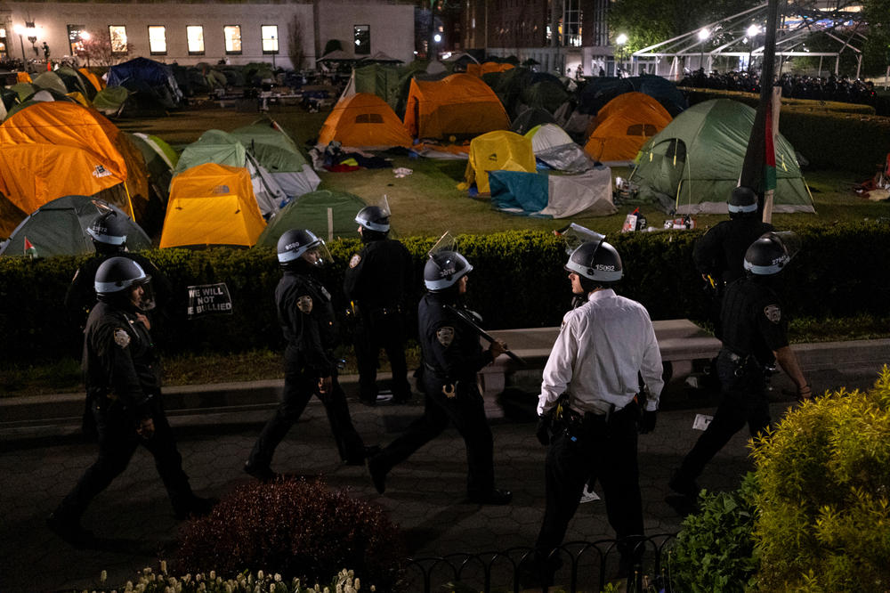NYPD officers clear the pro-Palestinian encampment at Columbia University on April 30.