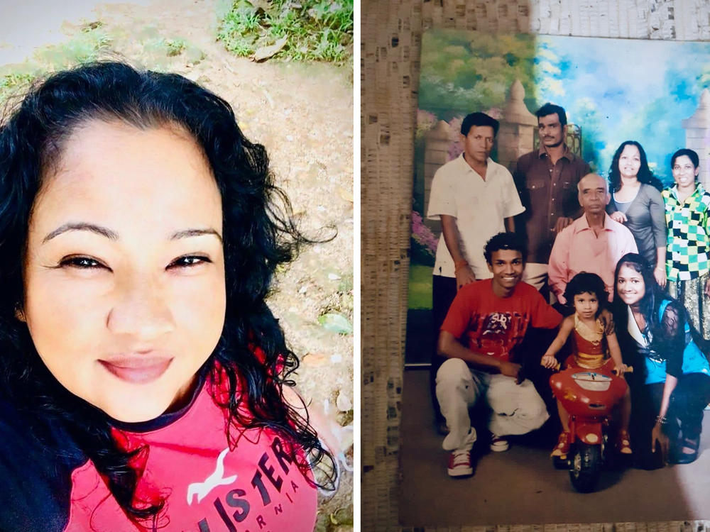 Left: Sherani Princy of Sri Lanka. Her younger sisters were placed for adoption in Australia and Germany. Right: Princy (in gray) with family members — her father (in the pink shirt), her brother (on her left) and her husband (in the white shirt). Her sister-in-law is wearing the checked shirt. Sitting on the tricycle is her brother's daughter. Princy's son and daughter are by the child's side.
