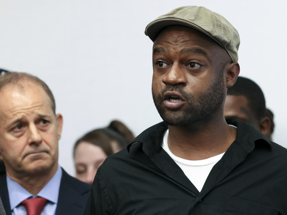 Jeffery Christian, right, speaks at a press conference in Chicago, on May 7. Christian and dozens of others claim they were sexually abused as children while incarcerated at Illinois juvenile detention centers, as part of a lawsuit recounting decades of allegations of systemic child abuse.