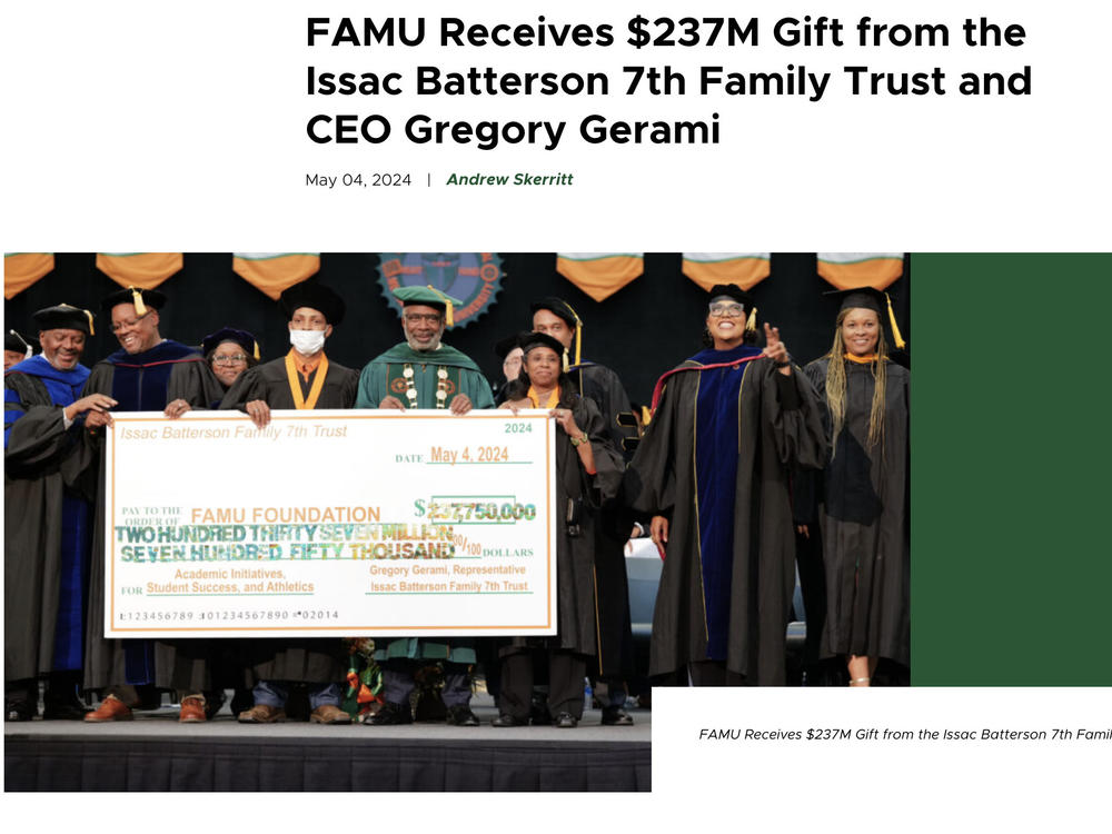 Gregory Gerami stands with Florida A&M University President Larry Robinson and other leaders at a commencement ceremony on May 4, unveiling a large donation. Robinson now says the announcement shouldn't have happened.