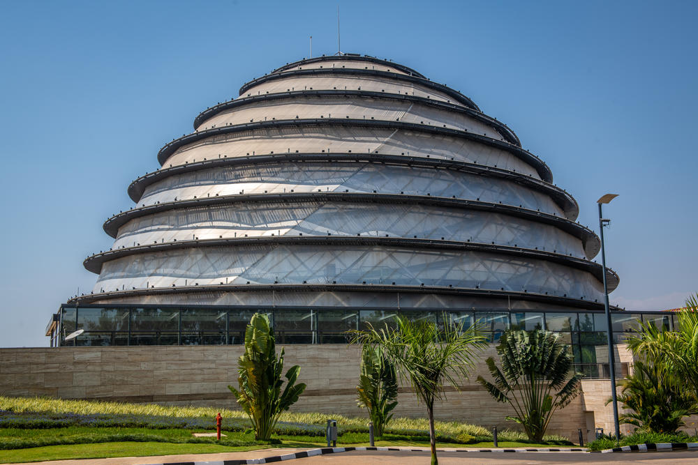 The Kigali Convention Center is an imposing structure.