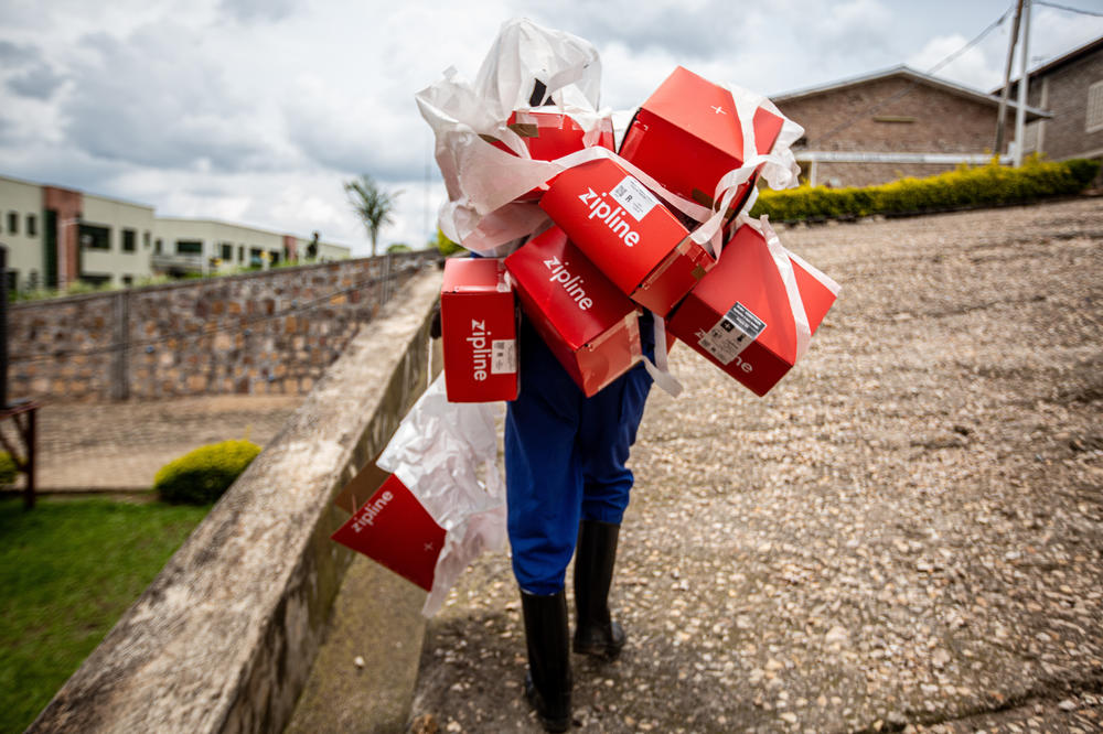 Zipline packages are collected after being received by nurses at Kabgayi Hospital in the Southern Province of Rwanda.