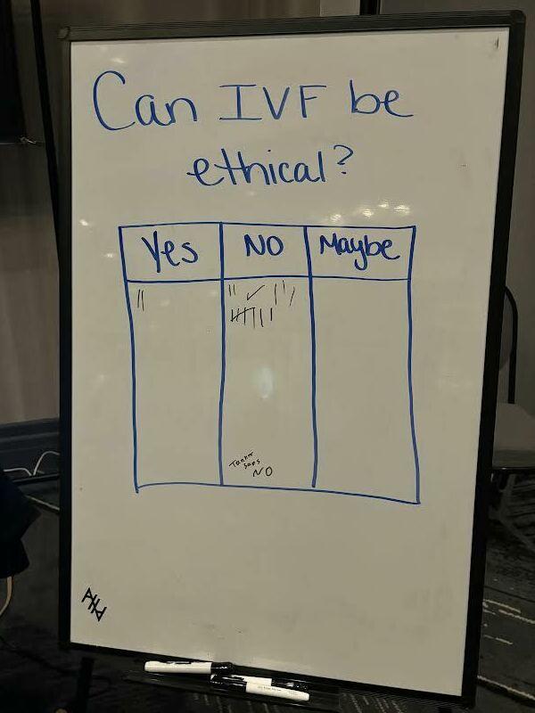 On a whiteboard, participants in a conference hosted by Abolitionists Rising in Charlotte, N.C. in April voted in an informal poll regarding their views on the fertility treatment known as IVF.