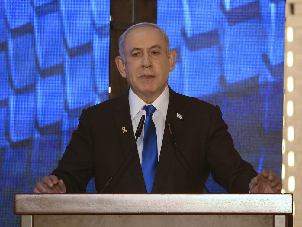 Israeli Prime Minister Benjamin Netanyahu addresses a ceremony marking Memorial Day for fallen soldiers of Israel's wars and victims of attacks at Jerusalem's Mount Herzl military cemetery May 13.