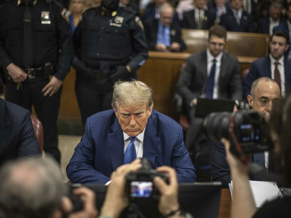 Former President Donald Trump appears in court during his trial for allegedly covering up hush money payments at Manhattan criminal court on Monday.