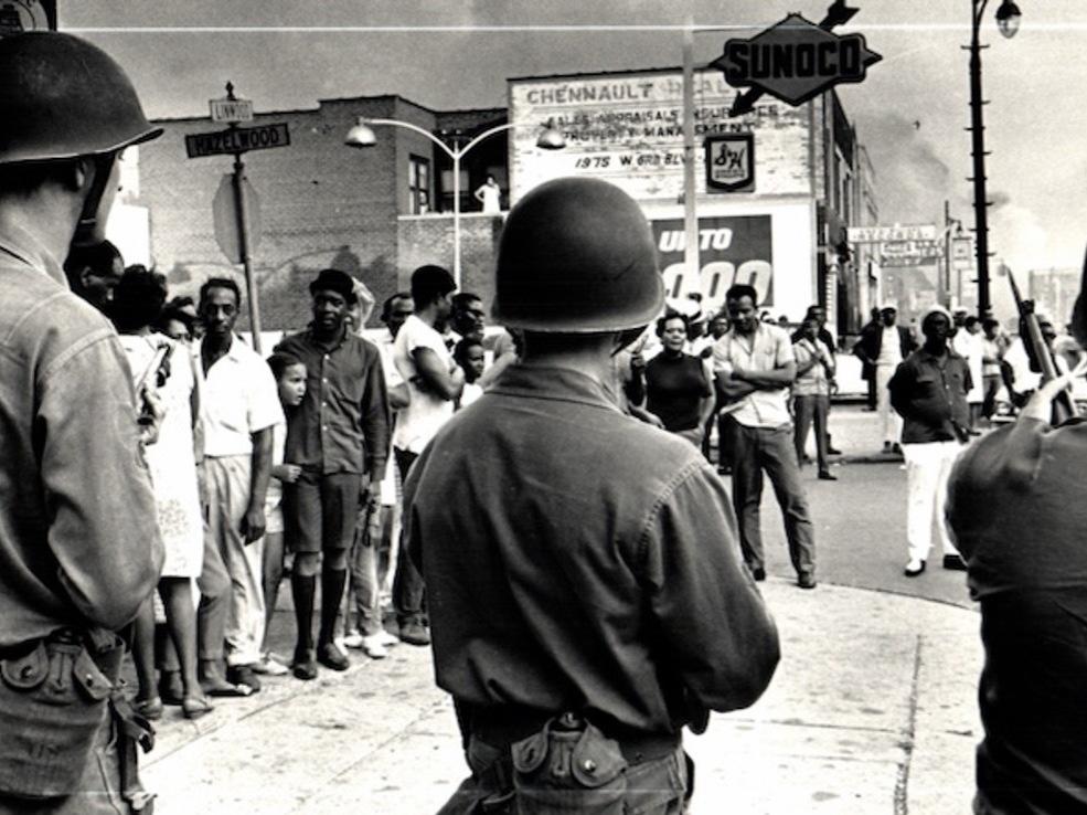 Troops on Detroit's Linwood Avenue in 1967.